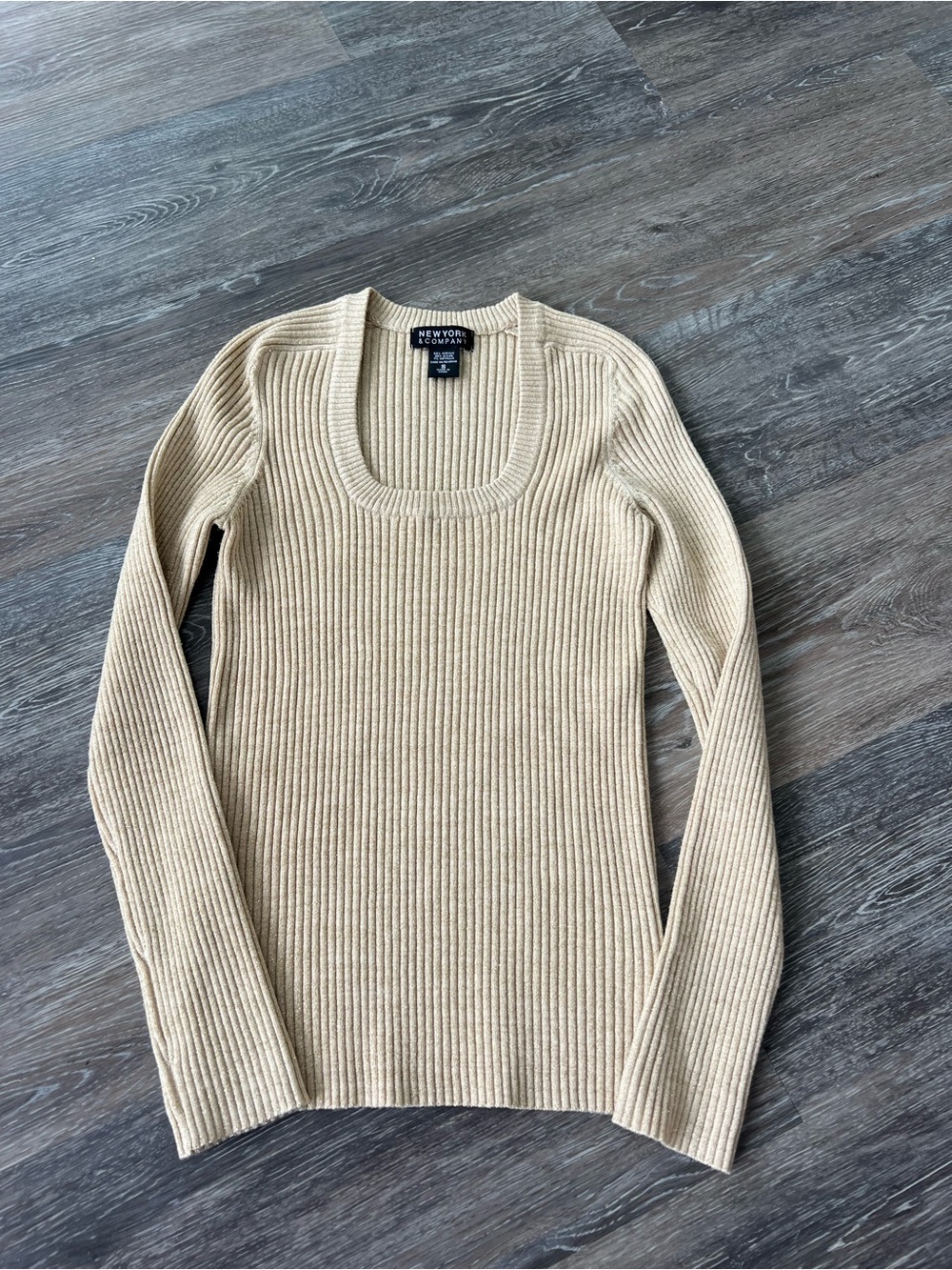 New York & Company Beige Ribbed Scoop Neck Sweater